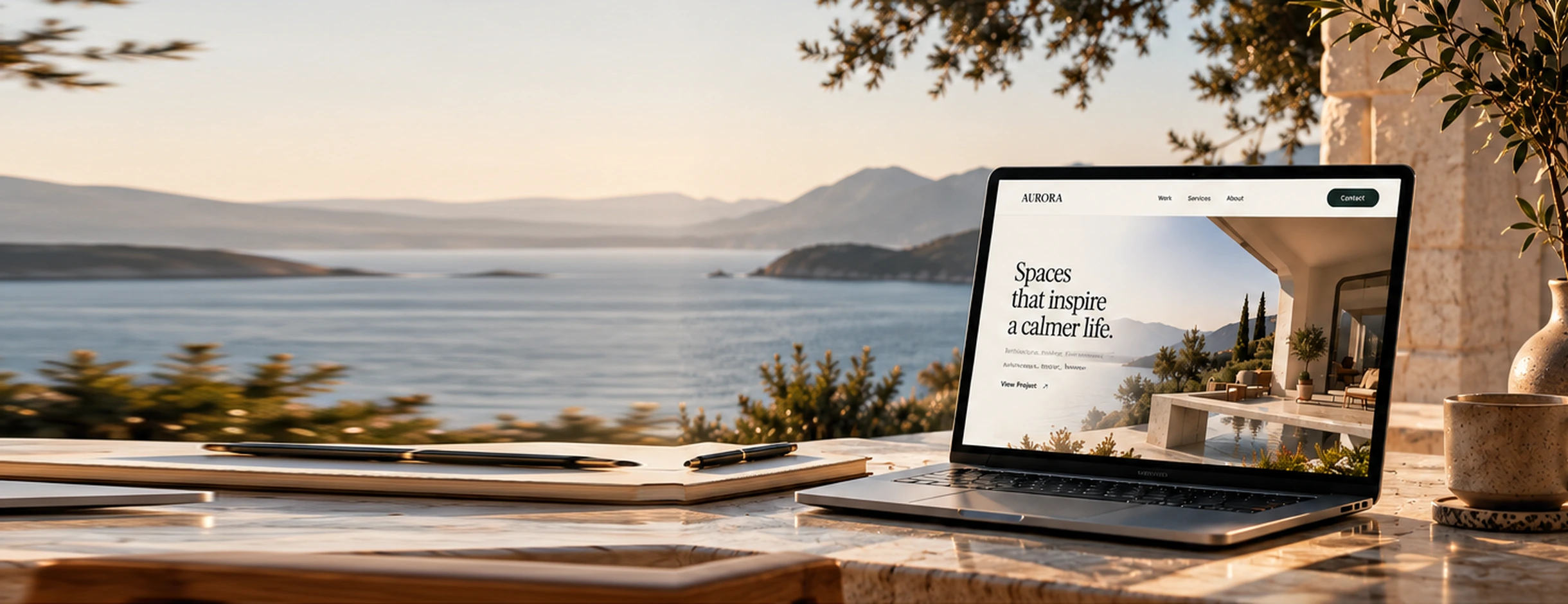 Creative studio laptop overlooking a sunlit coastal landscape