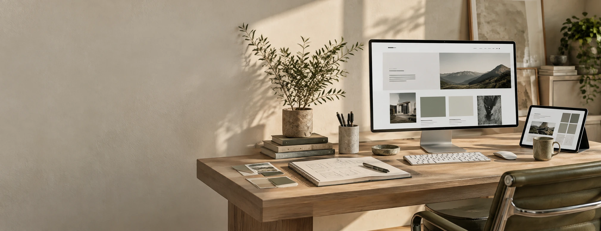 Northline web design studio workspace with an editorial monitor showing website design layouts, sketches and color palettes